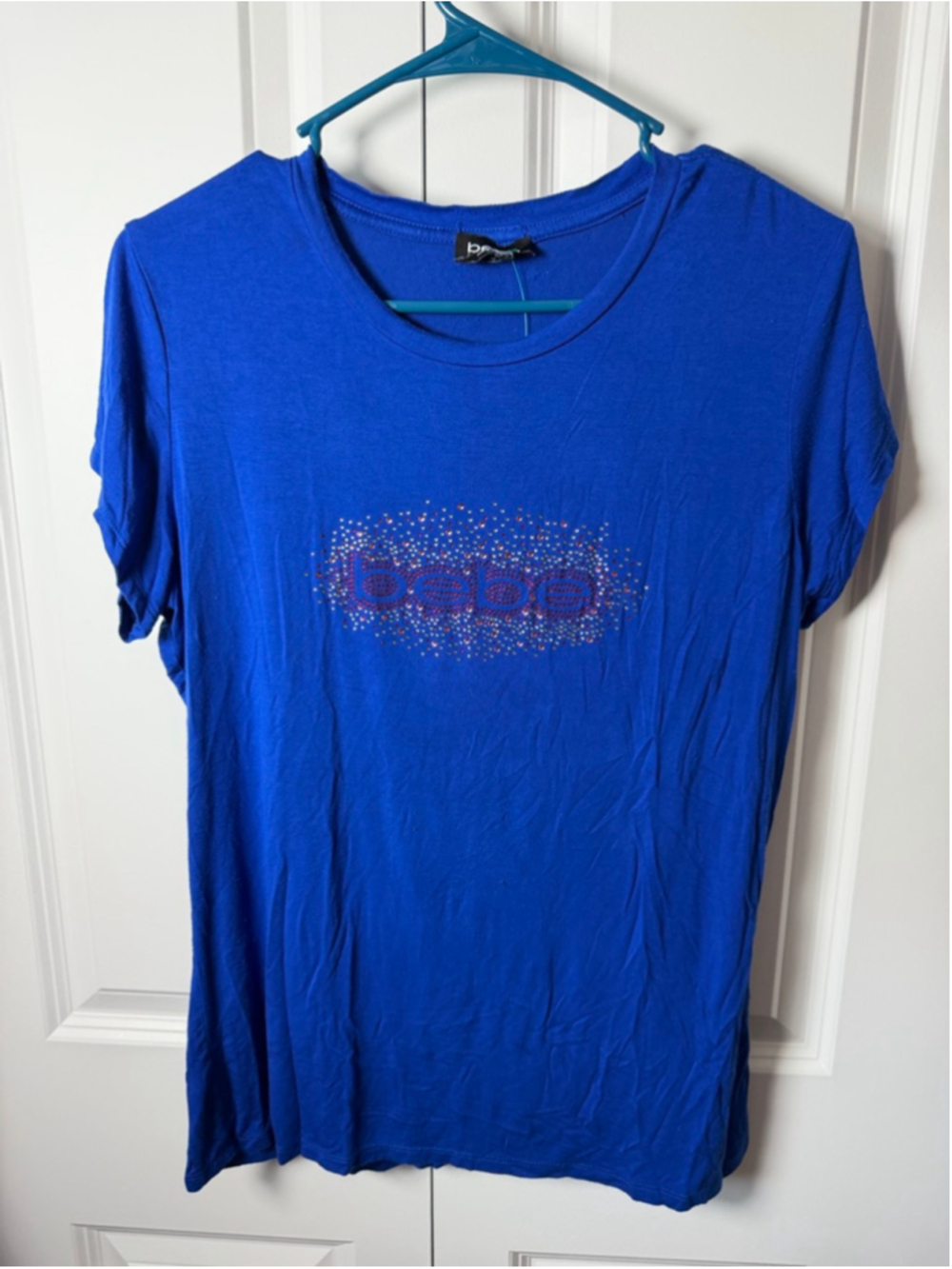 bebe Blue Short Sleeve Tee with Red Rhinestones, Size XL